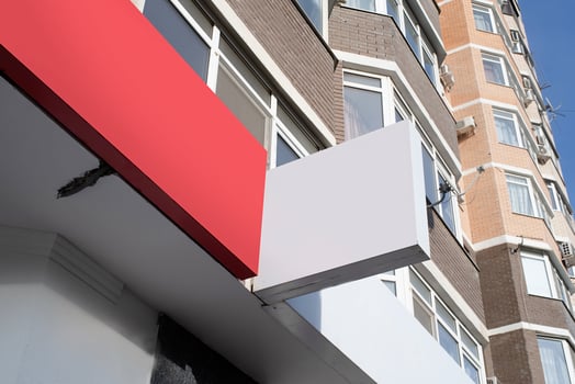 real establishment exterior with white walls , white logos for mockup design photo