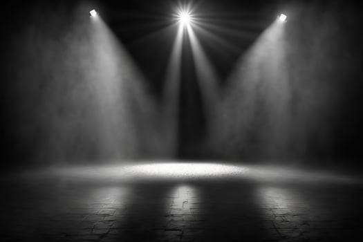 illustration of spotlights shine on stage floor in dark room, mist drift around, idea for background, backdrop mock up photo