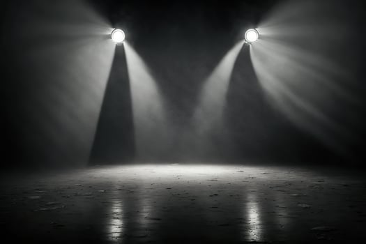 illustration of spotlights shine on stage floor in dark room, mist drift around, idea for background, backdrop mock up photo
