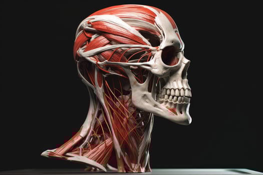 Human anatomy showcasing male muscles with nerves, isolated on black background, . photo