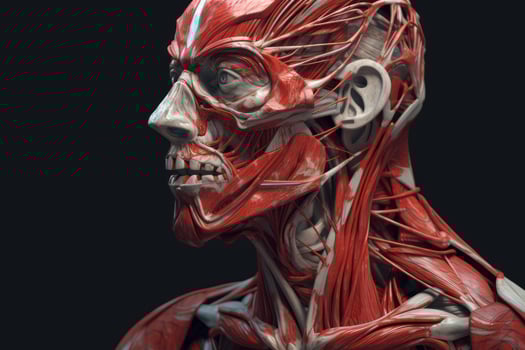 Human anatomy showcasing male muscles with nerves, isolated on black background, . photo