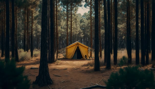 summer camp in the pine forest,view of camping tents among the pine trees , photo
