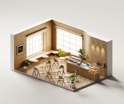 Isometric view minimal cafe store open inside interior architecture, 3d rendering digital art. photo