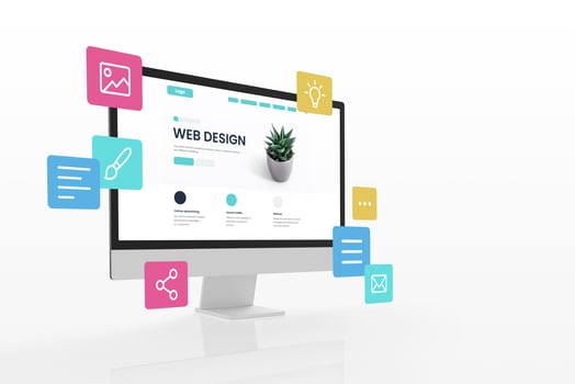 Concept of assembling a web page from modules that fly around the display. The web design studio concept page is on the display photo