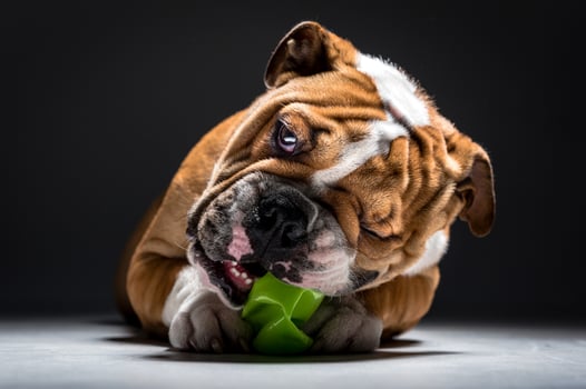 English bulldog playing with toy photo