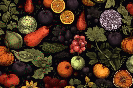 Seamless fruit and vegetable texture on black background. photo
