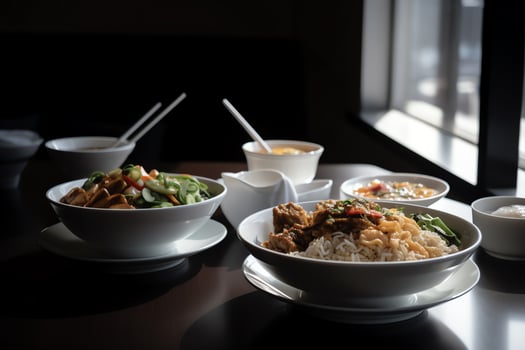 Chinese food on white bowl set. photo