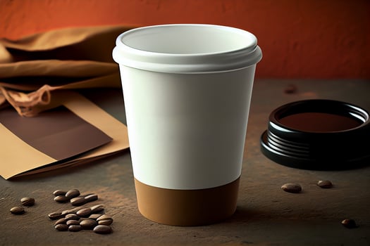 Blank takeaway kraft coffee cup on table with blurry background photo