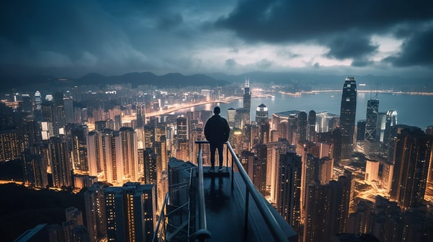A man stands on a skyscraper and looks out over an evening Hong Kong city. photo