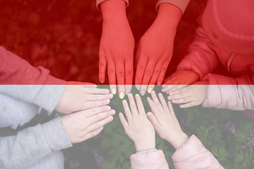 Hands of kids on background of Indonesia flag. Indonesian patriotism and unity concept. photo