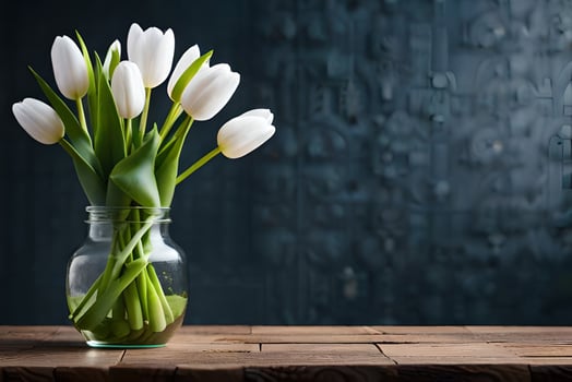 Bouquet of white tulips in vase on wooden table photo