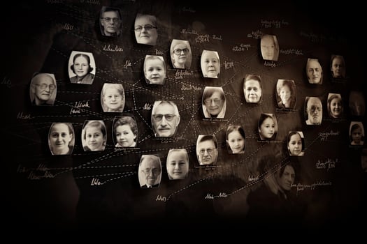 Family tree with portraits of relatives. Genealogy concept. photo