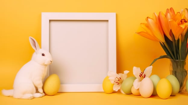 Free photo an empty white border frame decorated with lily flowers rabbit figurine and easter eggs on yellow background, generat ai