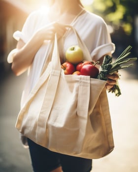 A woman carrying a reusable grocery bag full of fresh fruits and vegetables from the farmer's market, generat ai photo
