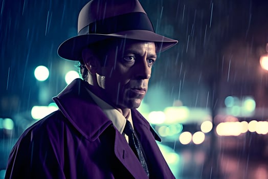 Detective in the rain in the night city. Neural network photo