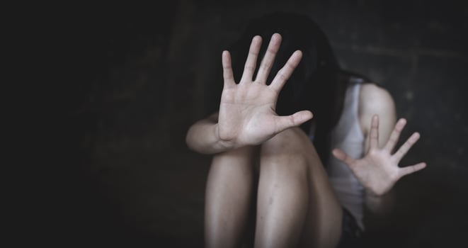 victim woman in emotional stress, rape and sexual abuse, Human trafficking, Stop abusing violence. photo