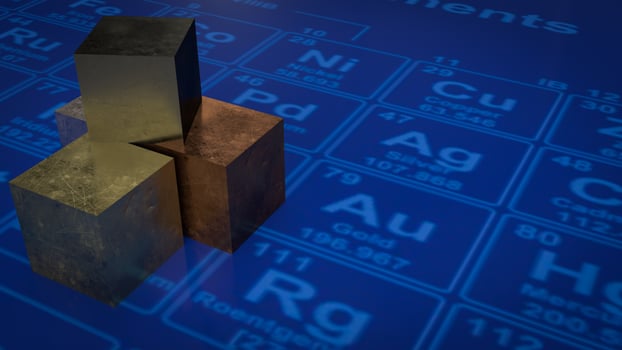The Metal cube on periodic table for education or sci concept 3d rendering photo