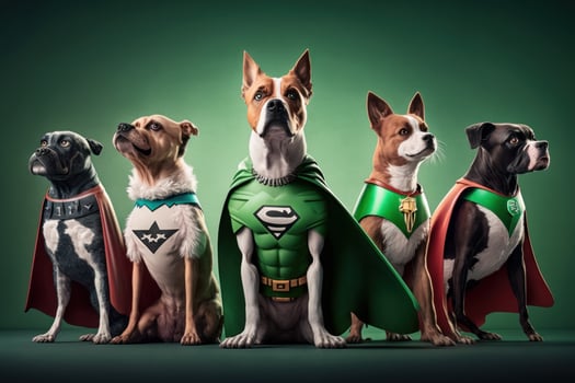 Gang of dog as superheroes with cape on green background. Created photo