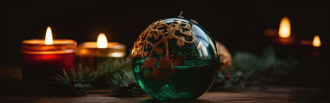 Burning candle and Christmas decoration over snow and wooden background. . photo