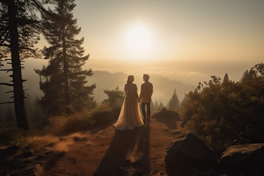 Wedding silhouette couple posing on sunset in beautiful forest at wedding day. Bride and groom in love. Non-existent person. . photo
