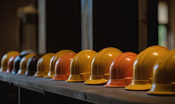 Construction hard hat safety tools equipment for workers in construction site for engineering protection head standard. Many hard hat helmet on row with copy space. . photo