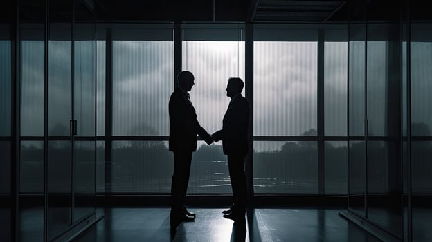 silhouettes two businessmen handshake in cooperation agreement concept at office and successful business partner. business man shaking hands to seal a deal with his partner. . photo