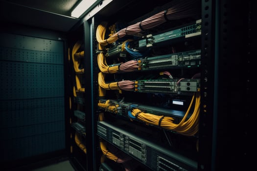 Ethernet cables and path panel in rack cabinet. photo