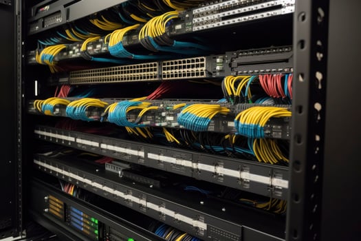 Ethernet cables and path panel in rack cabinet. photo