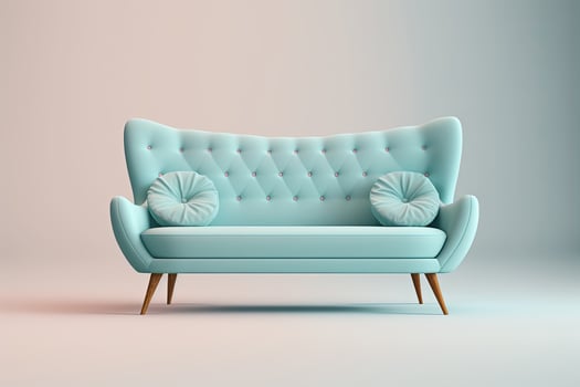 Mid century accent baby blue sofa. AI photo