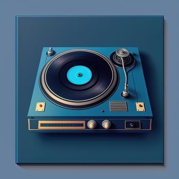 Mid century vintage record player on blue background. AI photo
