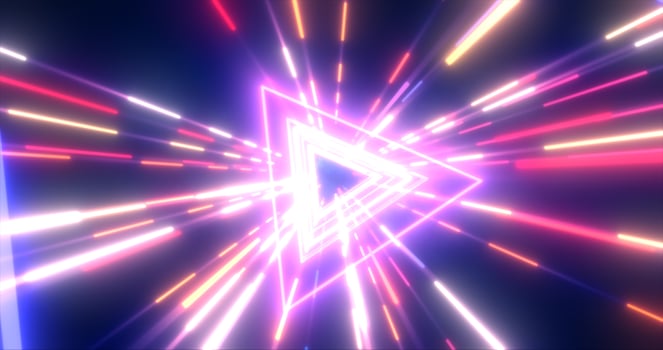 Abstract purple energy futuristic hi-tech tunnel of flying triangles and lines neon magic glowing background photo
