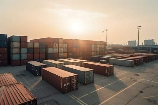 Chinese cargo shipping container in port for production, delivery, and transportation of goods. photo