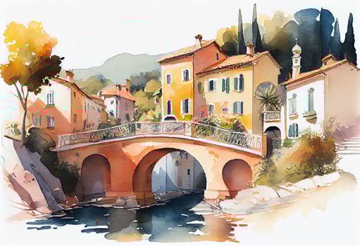 a bright fairytale watercolor of houses along the river with a bridge french riviera, generat ai photo
