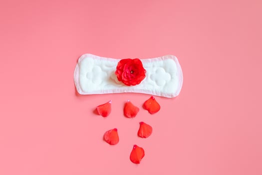 Sanitary pad and red flower on pink background. Menstruation concept. photo