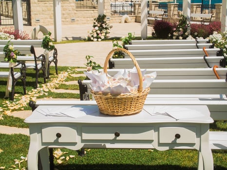 Basket with petals for guests in outdoor wedding ceremony photo