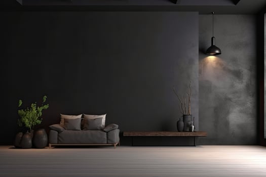 Modern living room interior in dark colors. Design dark sofa, table and decor. photo