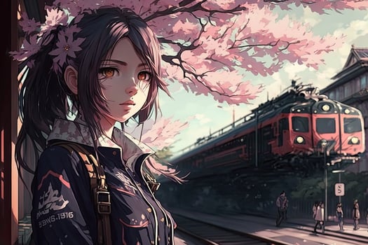 anime girl at train station, photo