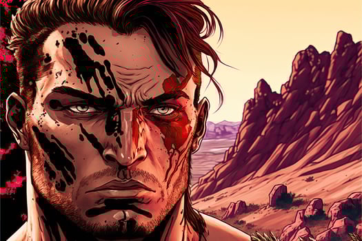 illustration of a Comic book hero, mountains in background photo