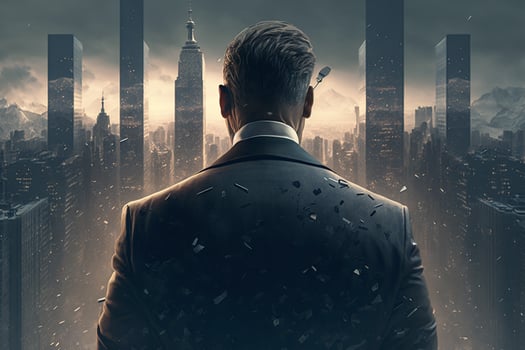 Back view of a businessman looking at skyscrapers represents Youthful Courage in the business world photo