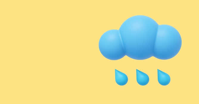 Blue cartoon cloud with rain. 3D rendering. Icon on yellow background, space for text. photo