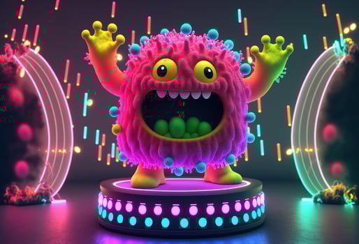 3D character cute monster dancing in a nightclub. The funny toothy alien is having fun at the party on stage in neon light. photo