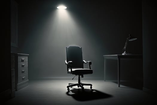 An office chair in a beam of studio light in the middle of a dark room, a cinematic scene. Free vacancy concept, leadership, ideal candidate. . photo