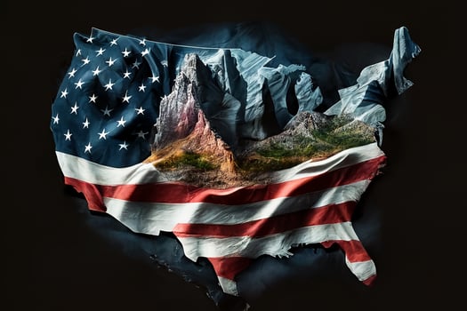 U.S. flag on the background of a map of the country with elements of natural features. photo