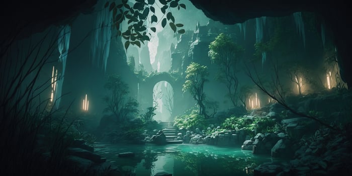 A fantastic mystical landscape of the elven gorge. Grim mountains, trees, and a stream. A magical place in the middle of the forest illuminated by magical lanterns, fireflies. . photo