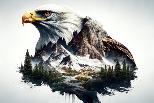 A white eagle in the Rocky Mountains with the American flag. photo