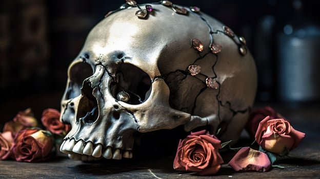 Skull with roses. Human Skull in Beautiful Flowers. Halloween images. Day of the Dead. photo