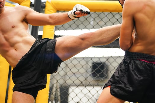 Mixed Martial Art, A boxer with the weapon of kick the neck the opponent's throat. photo