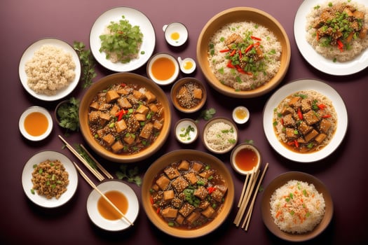 Chinese cuisine. Chinese food, sweet and sour pork in brown soy sauce served with rice. photo