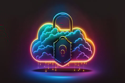 Neon cloud with locked padlock. Concept of data protection, security technology. AI photo