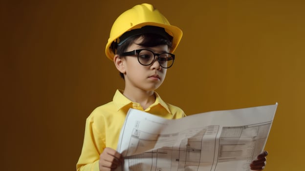 Cute engineer architect kid. Future career concept. . photo